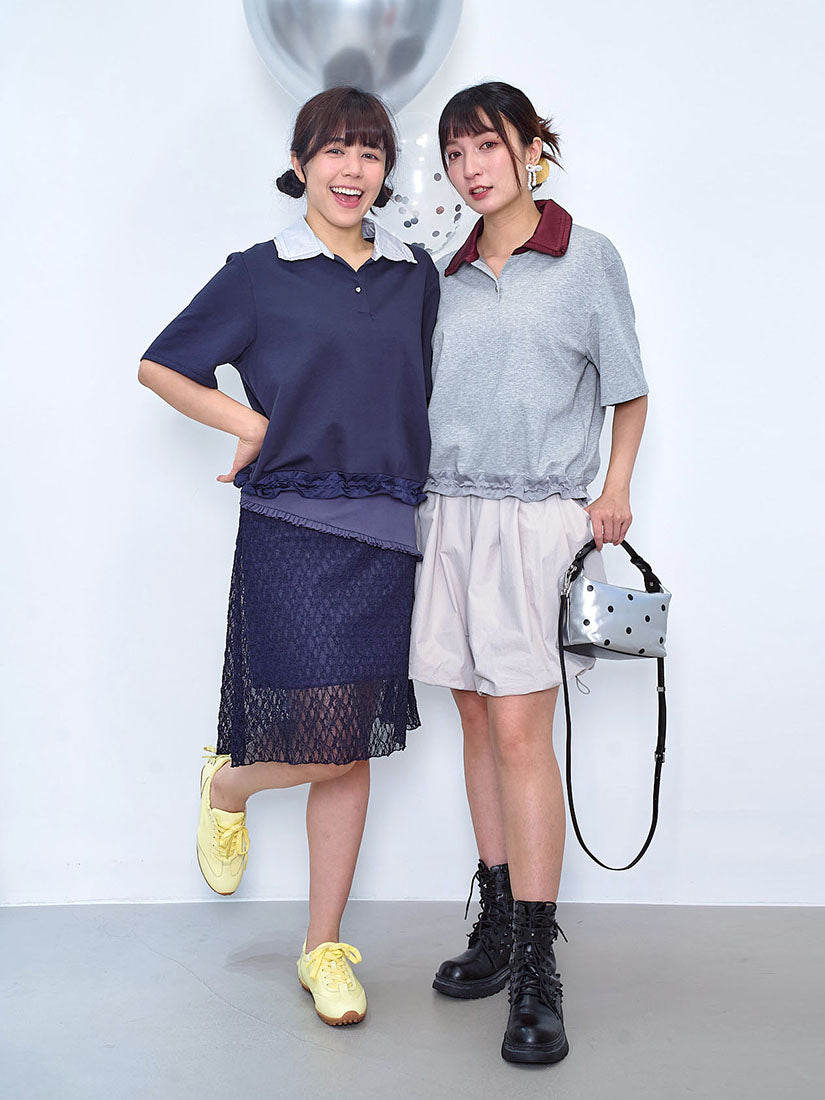 Contrast Polo Neck Drawstring Hem Top (2 Colours)