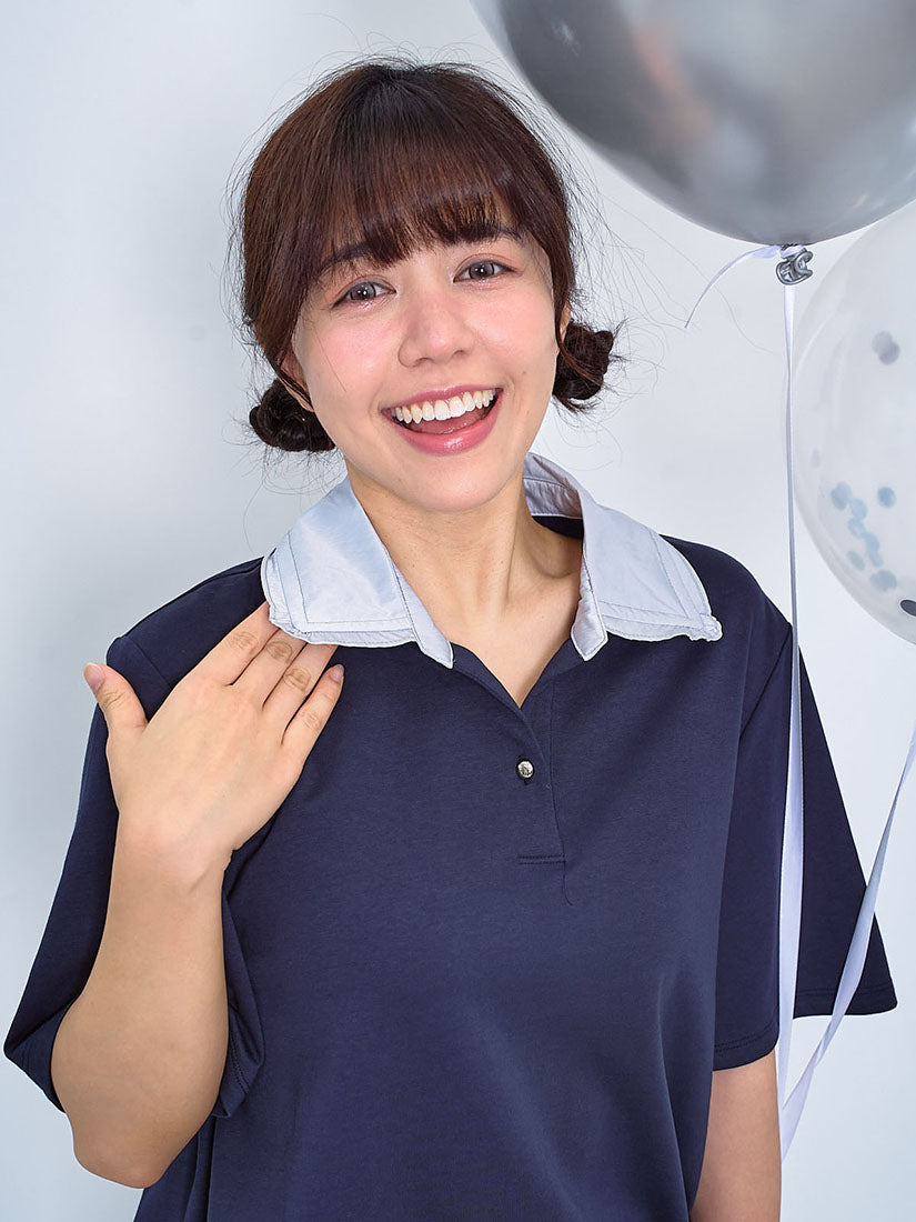 Contrast Polo Neck Drawstring Hem Top (2 Colours)