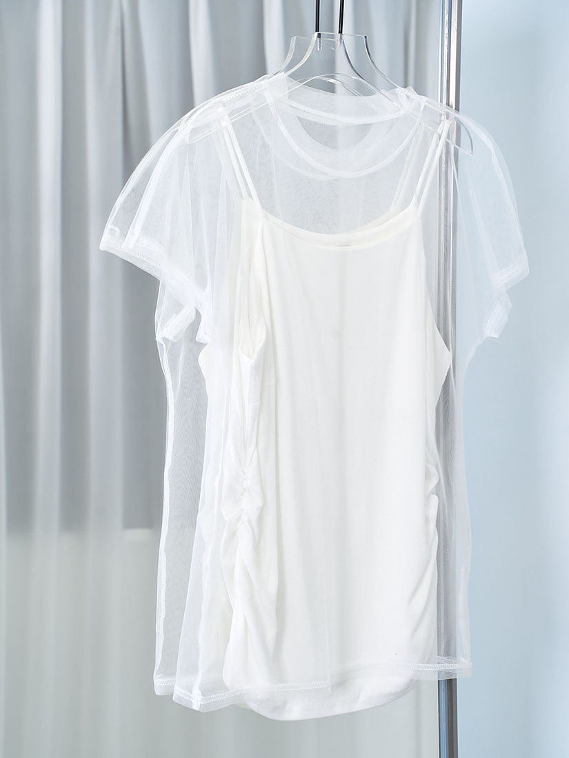 Mesh Cover Up Top With Ruched Side Cami Set