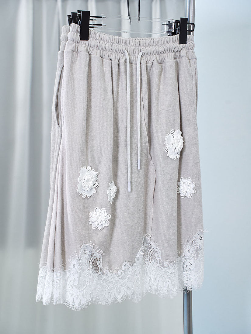 Lace Floral Appliqué Drawstring Midi Skirt