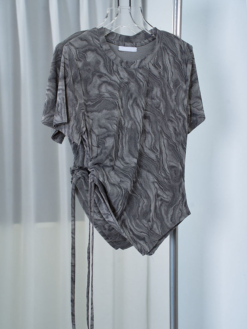 Asymmetric Drawstring Side Mable Printed Top