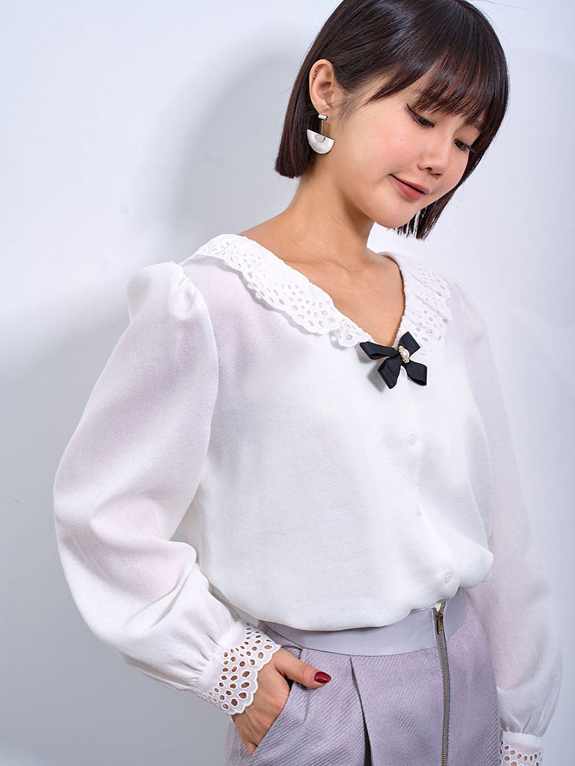 Ribbon Bow Brooch Lace Trim Blouse