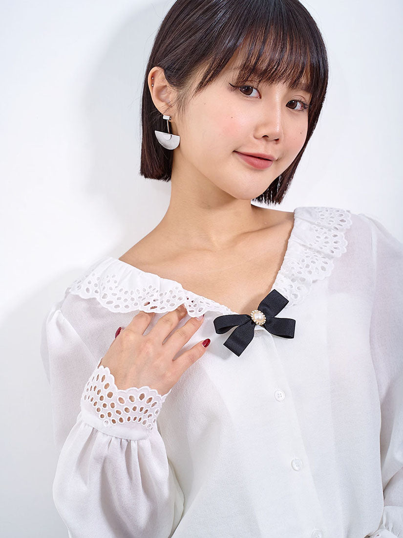 Ribbon Bow Brooch Lace Trim Blouse