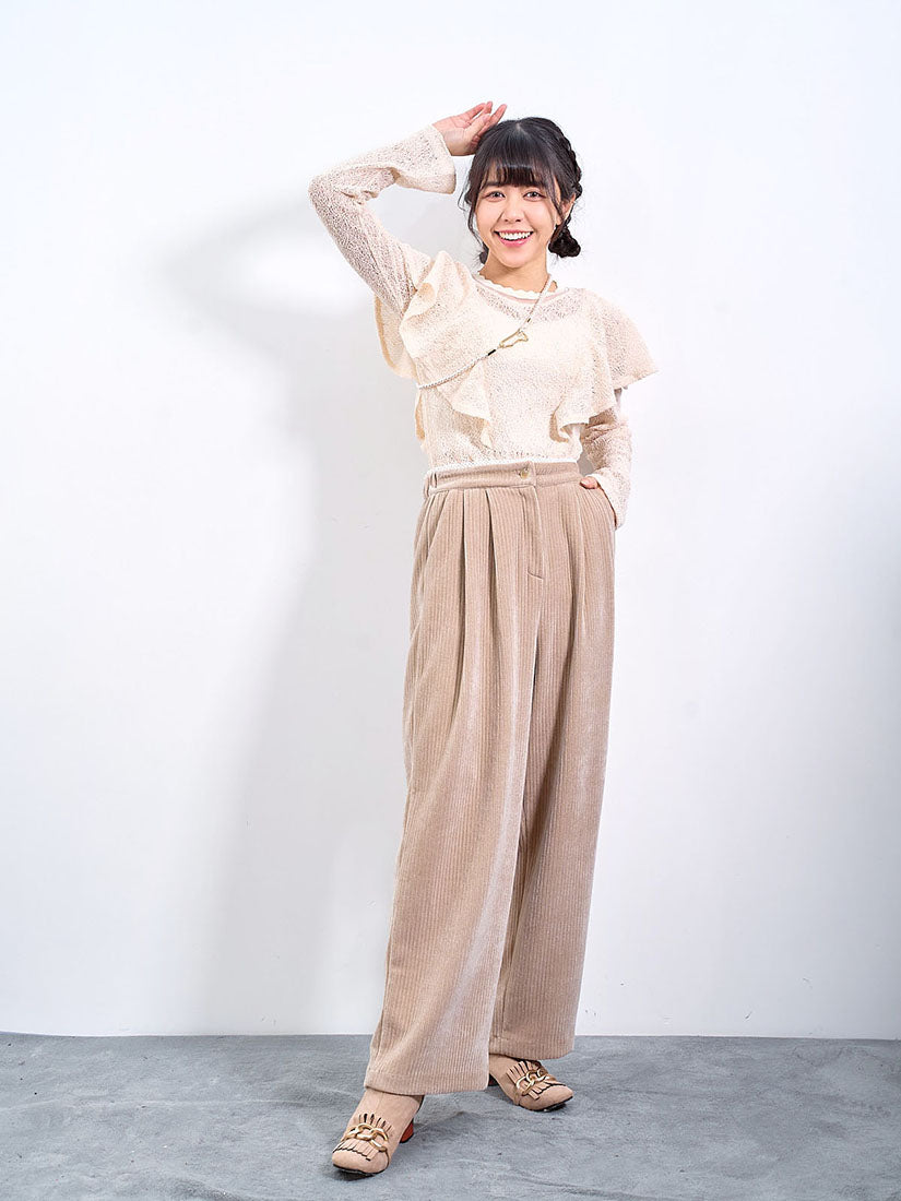 Lace Trim Waist Corduroy Pants (2 Colours)