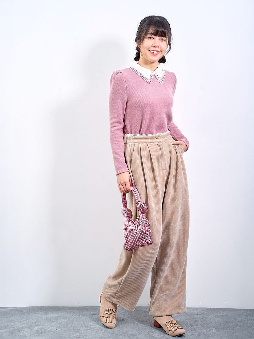 Lace Trim Waist Corduroy Pants (2 Colours)