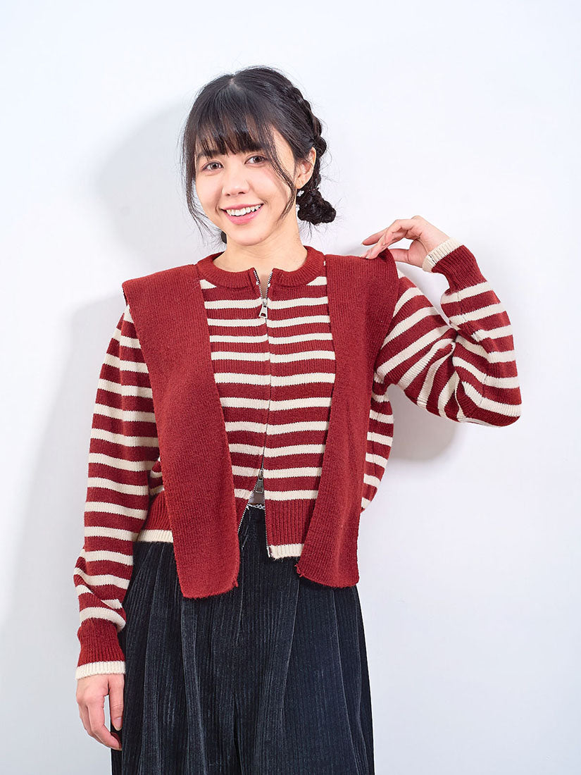 Striped Zip Up Cardigan /w Detachable Hoodie Scarf Set(2 Colours)