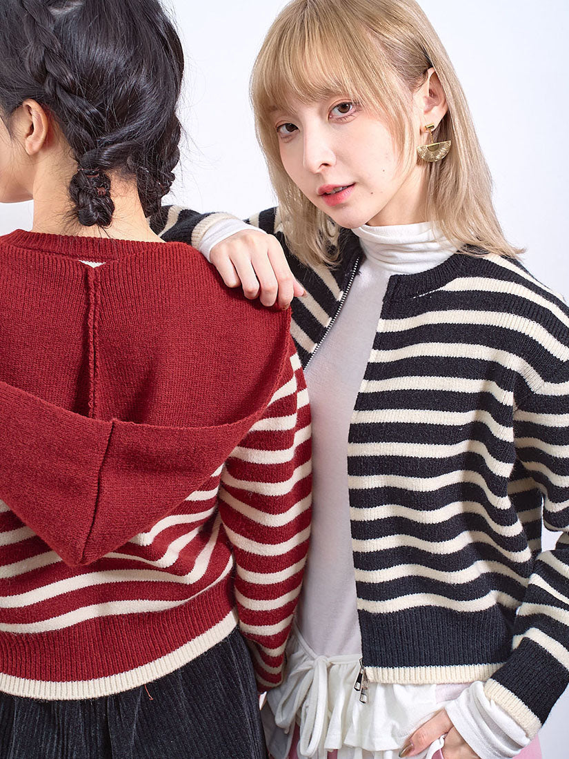 Striped Zip Up Cardigan /w Detachable Hoodie Scarf Set(2 Colours)