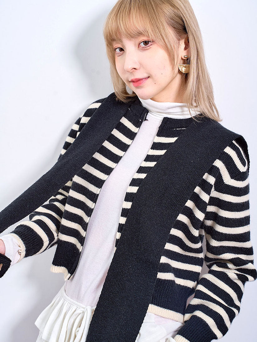 Striped Zip Up Cardigan /w Detachable Hoodie Scarf Set(2 Colours)