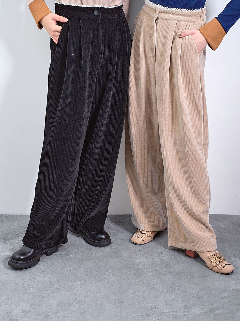 Lace Trim Waist Corduroy Pants (2 Colours)