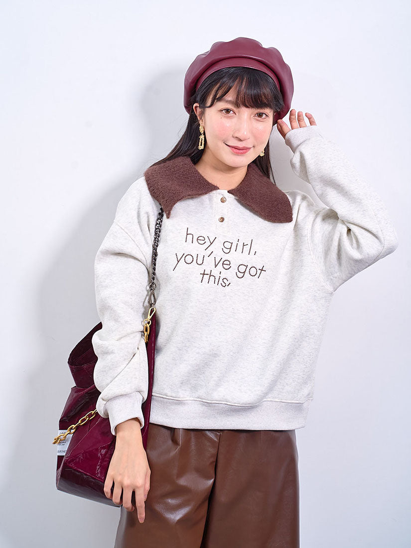 Knitted Collar 'Hey Girl' Sweatshirt (2 Colours)