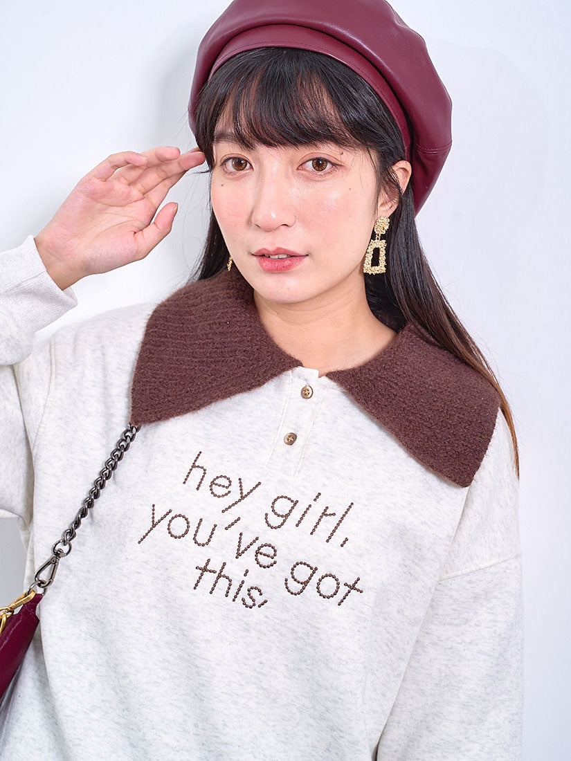 Knitted Collar 'Hey Girl' Sweatshirt (2 Colours)