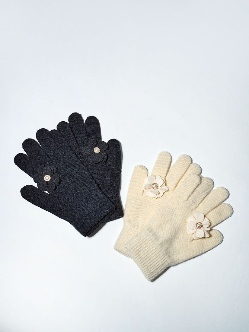 Flower Applique Woollen Gloves (2 Colours)