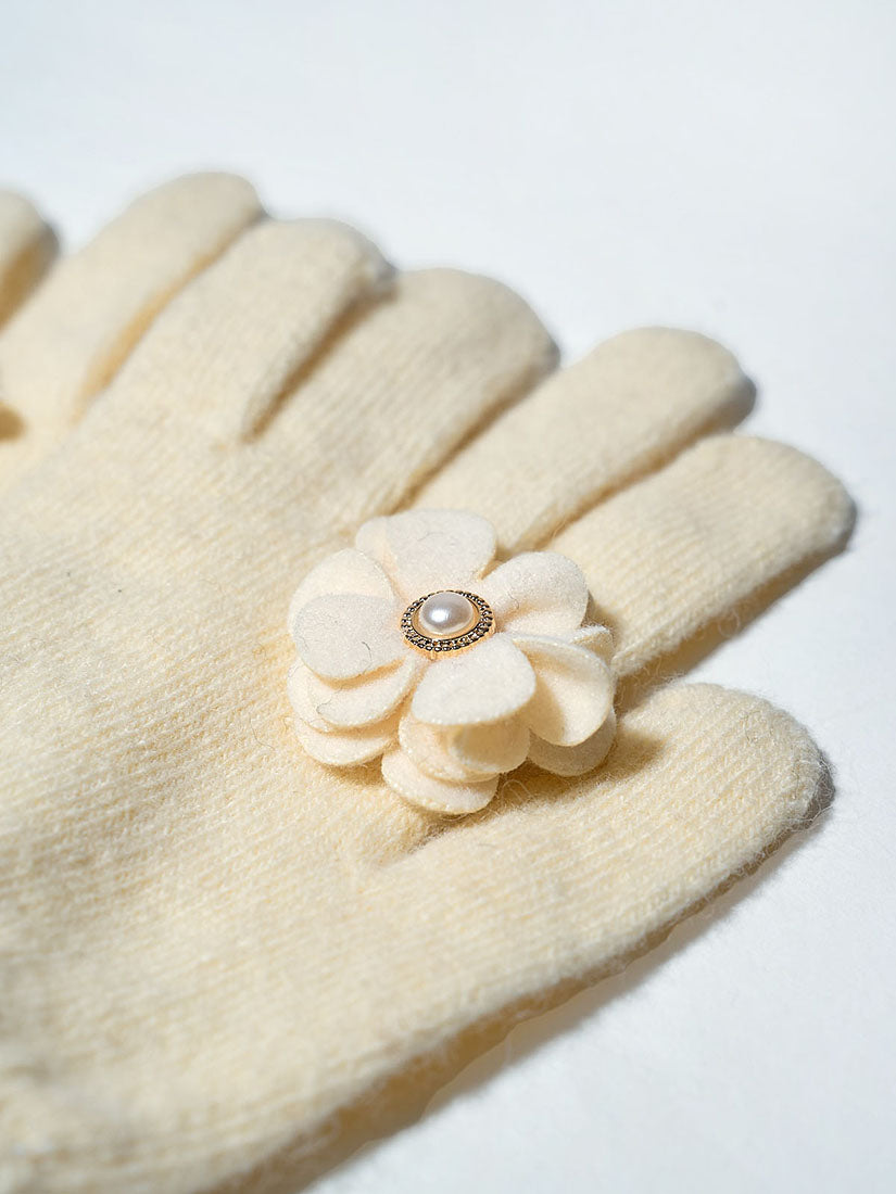 Flower Applique Woollen Gloves (2 Colours)