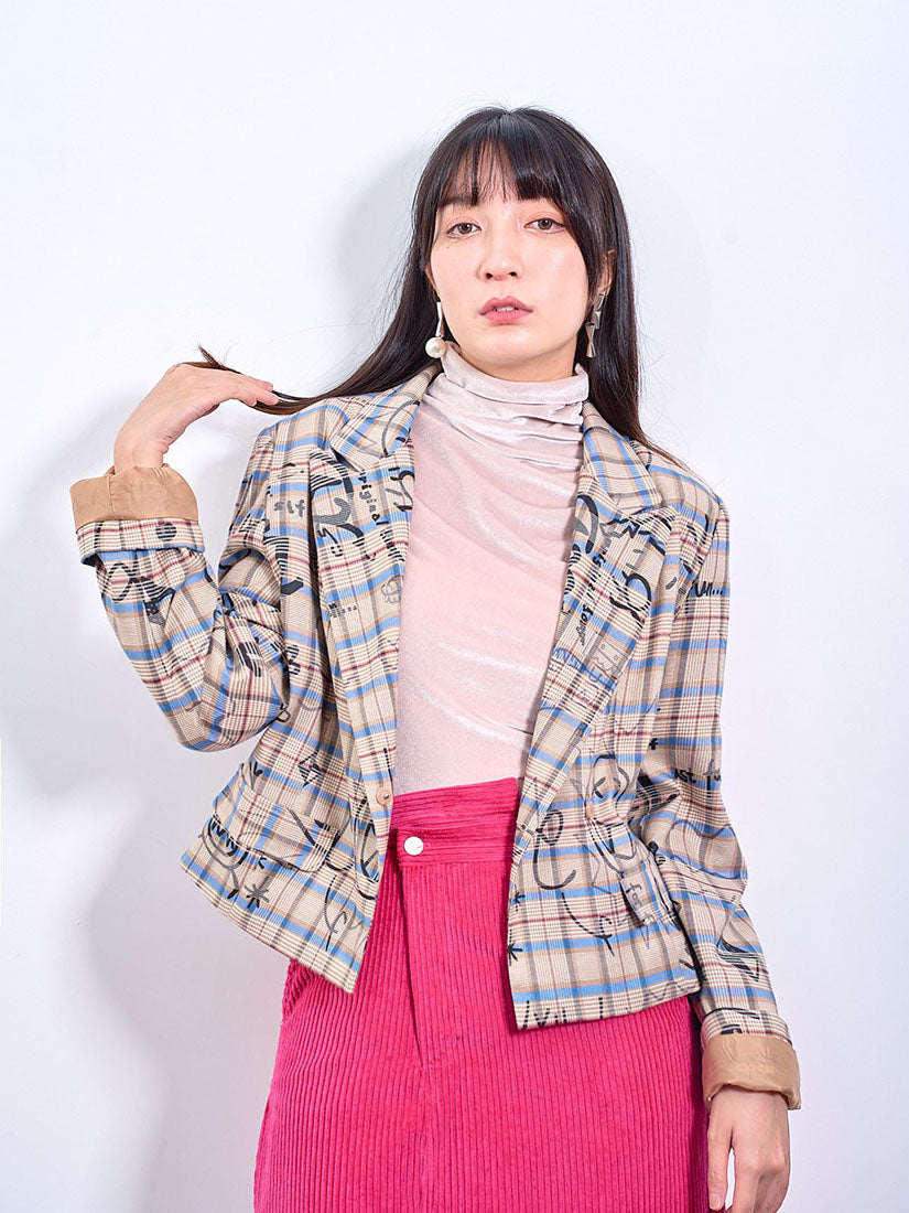 Glen Check Hand Drawing Printed Double Breasted Blazer (2 Colours)