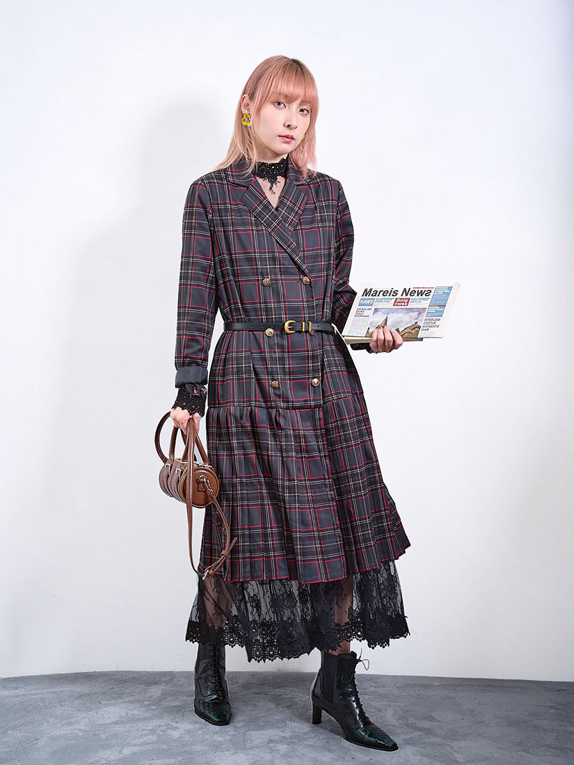 Tartan Printed Double Breasted Pleated Hem Coat Dress (2 Colours)