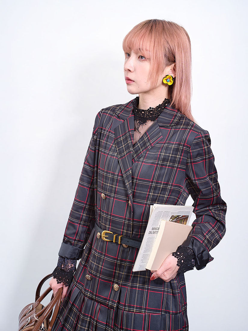 Tartan Printed Double Breasted Pleated Hem Coat Dress (2 Colours)