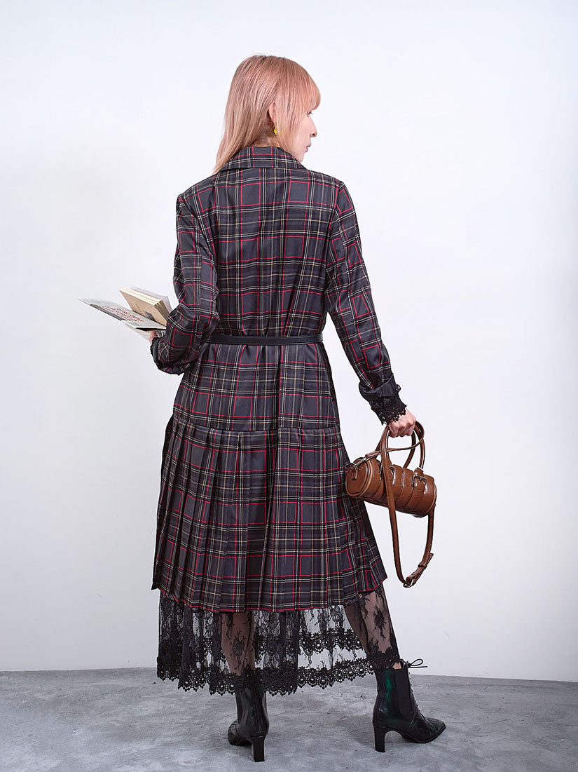 Tartan Printed Double Breasted Pleated Hem Coat Dress (2 Colours)