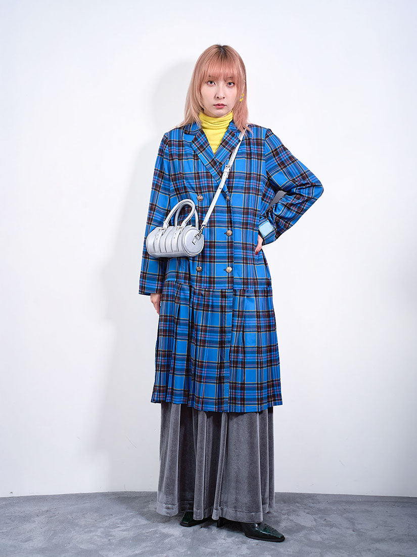 Tartan Printed Double Breasted Pleated Hem Coat Dress (2 Colours)