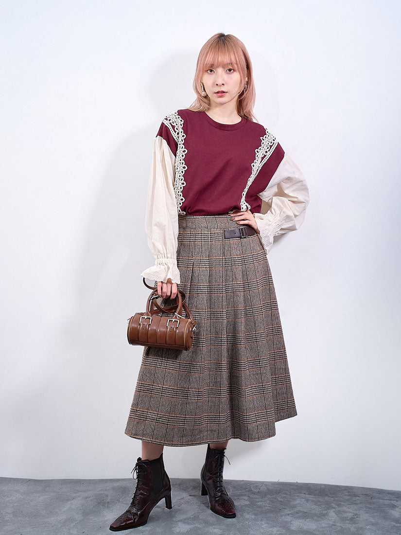 Half Belted Houndstooth Check Skirt (2 Colours)