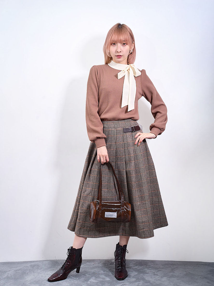 Half Belted Houndstooth Check Skirt (2 Colours)