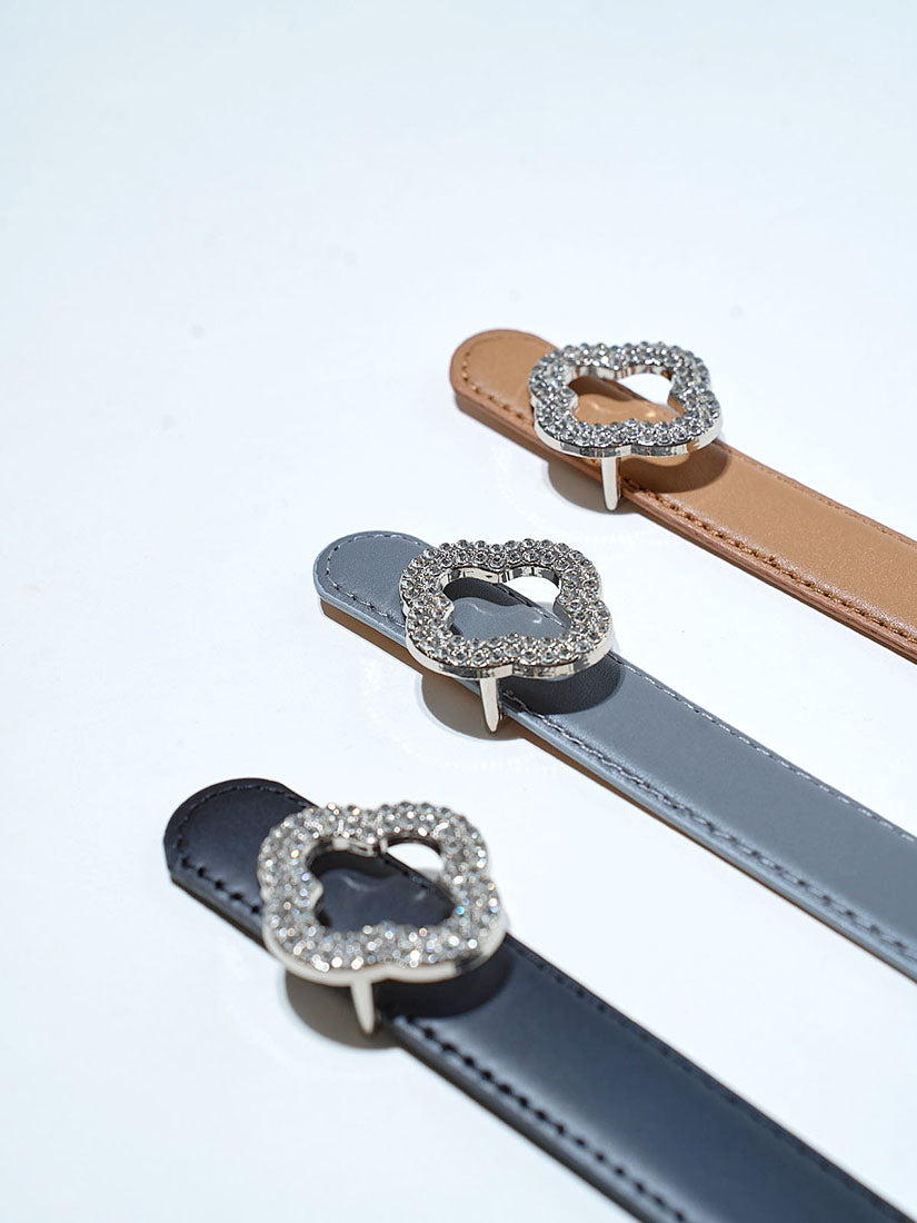 Rhinestone Flower Buckle Leather Belt (3 Colours)