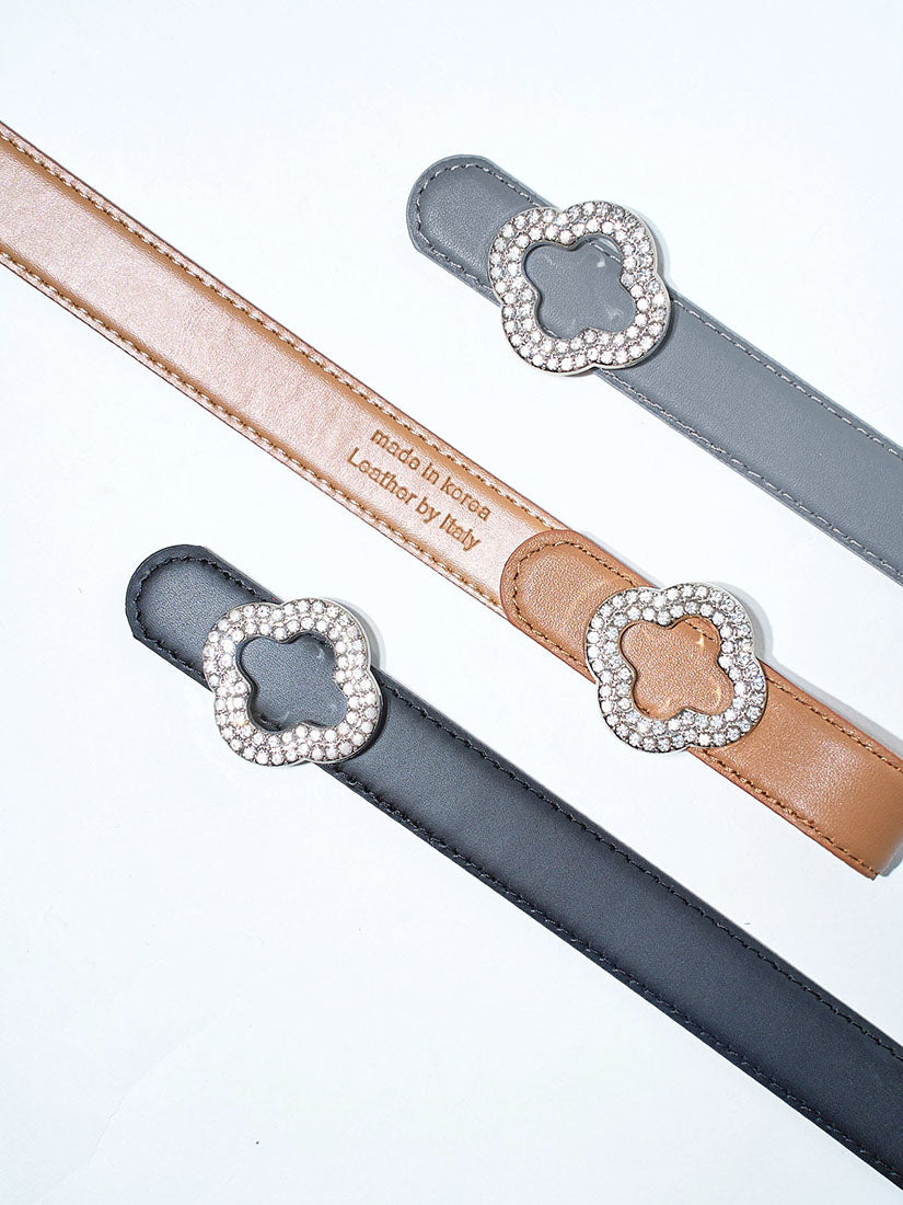 Rhinestone Flower Buckle Leather Belt (3 Colours)