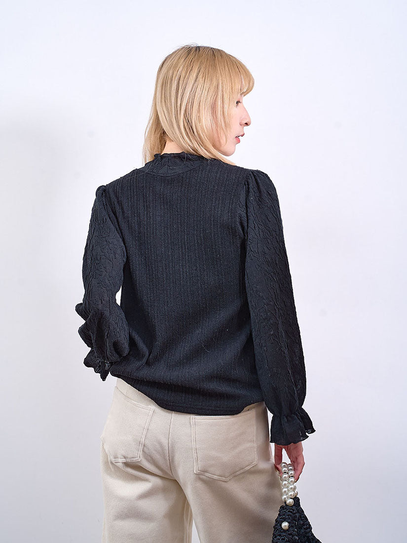 Jacquard Yoke Sleeve Ribbed Top (2 Colours)