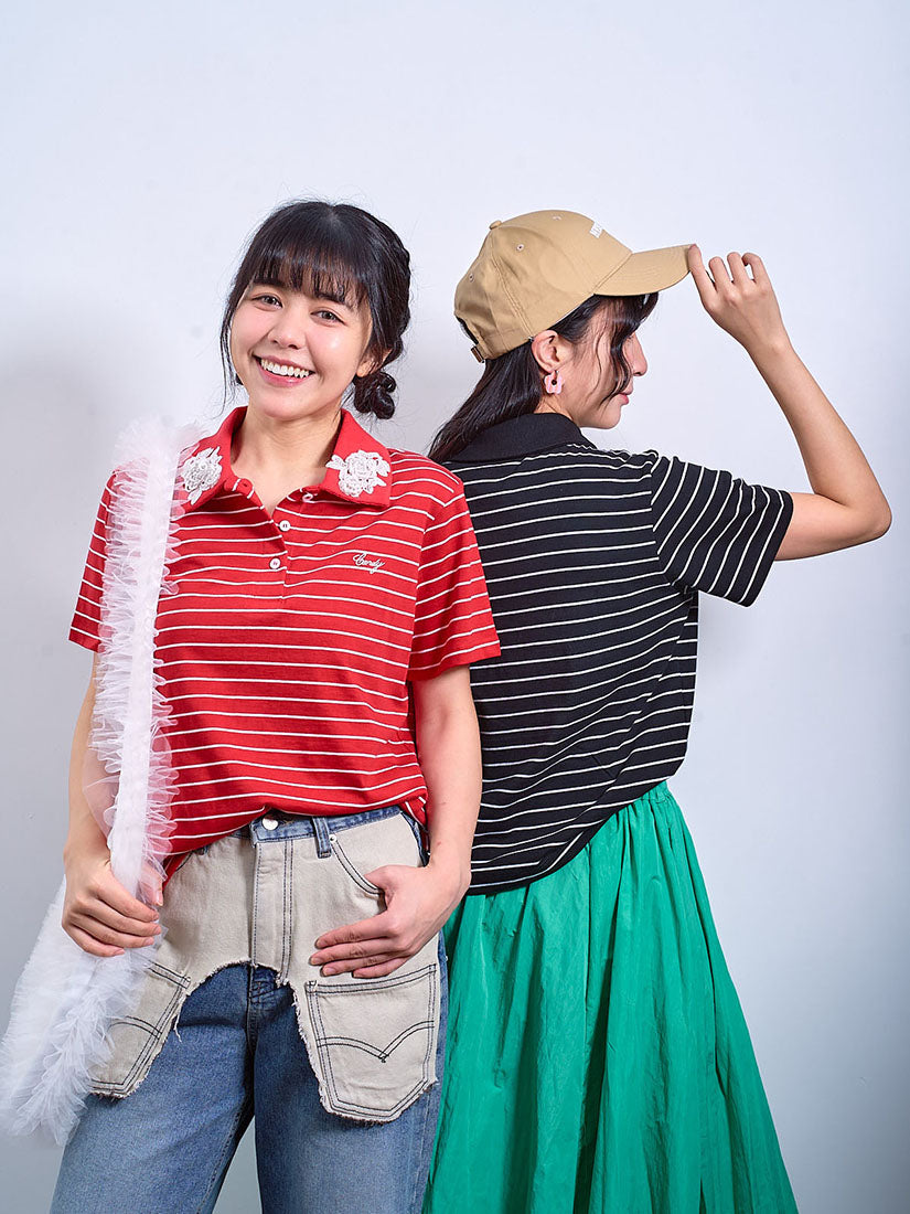 3D Floral Applique Striped Polo Tee (2 Colours)