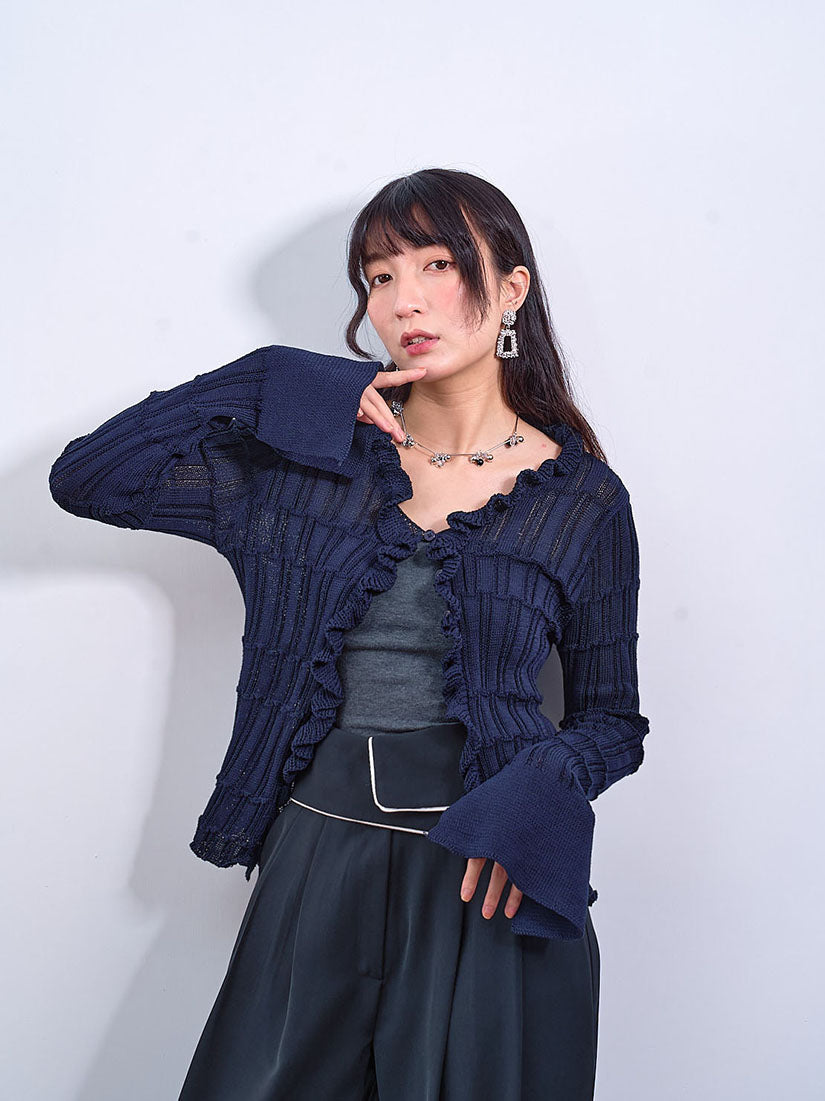 Ruffle Placket Ribbed Cardigan (2 Colours)