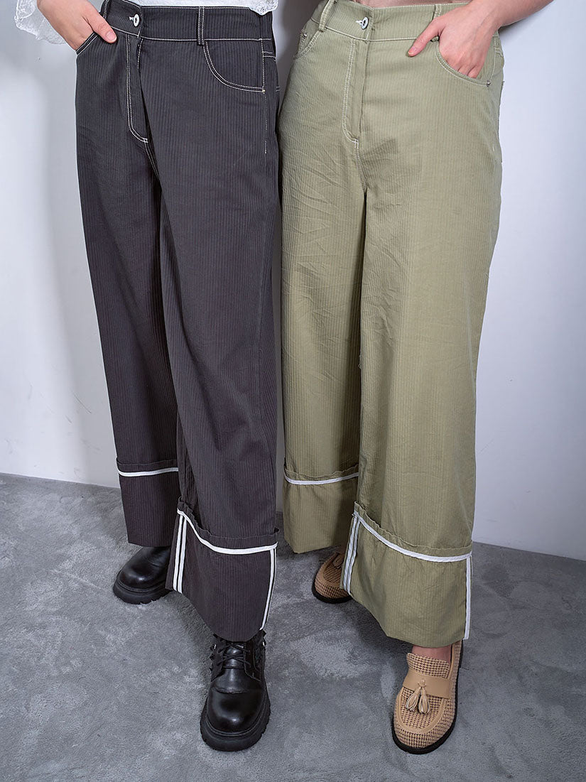 Folded Hem Texture Striped Pants (2 Colours)