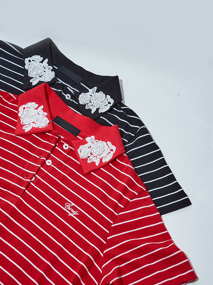 3D Floral Applique Striped Polo Tee (2 Colours)