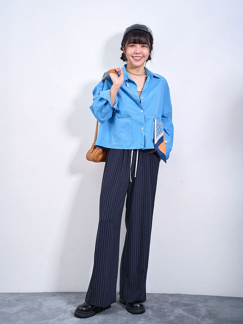 Drawstring Layered Waist Pin-Striped Pants (2 Colours)