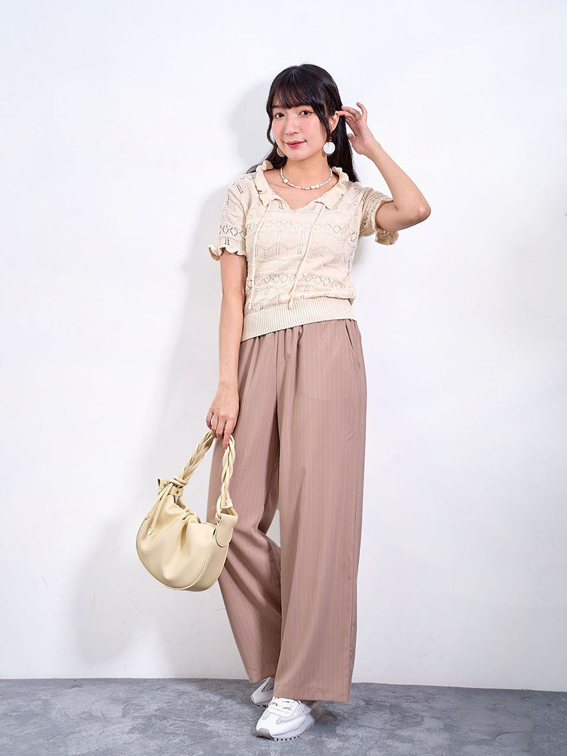 Drawstring Layered Waist Pin-Striped Pants (2 Colours)