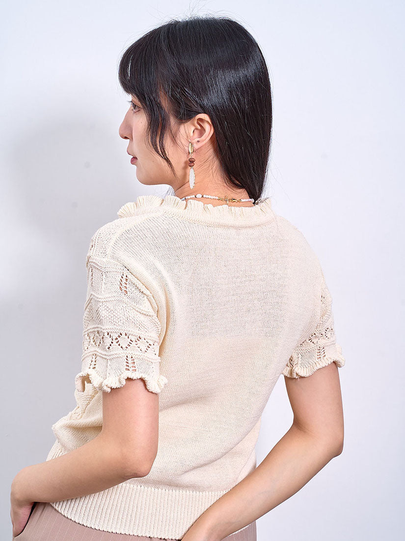 Ruffle Neck Pointelle Sweater