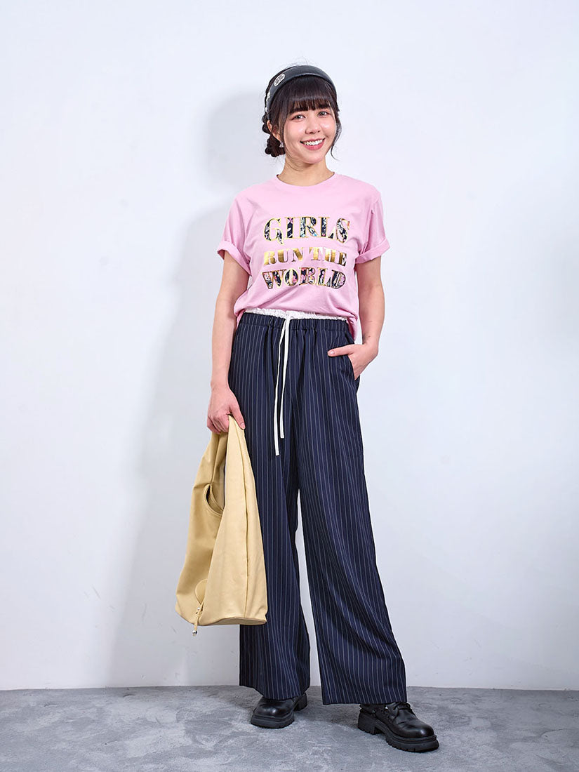 Drawstring Layered Waist Pin-Striped Pants (2 Colours)