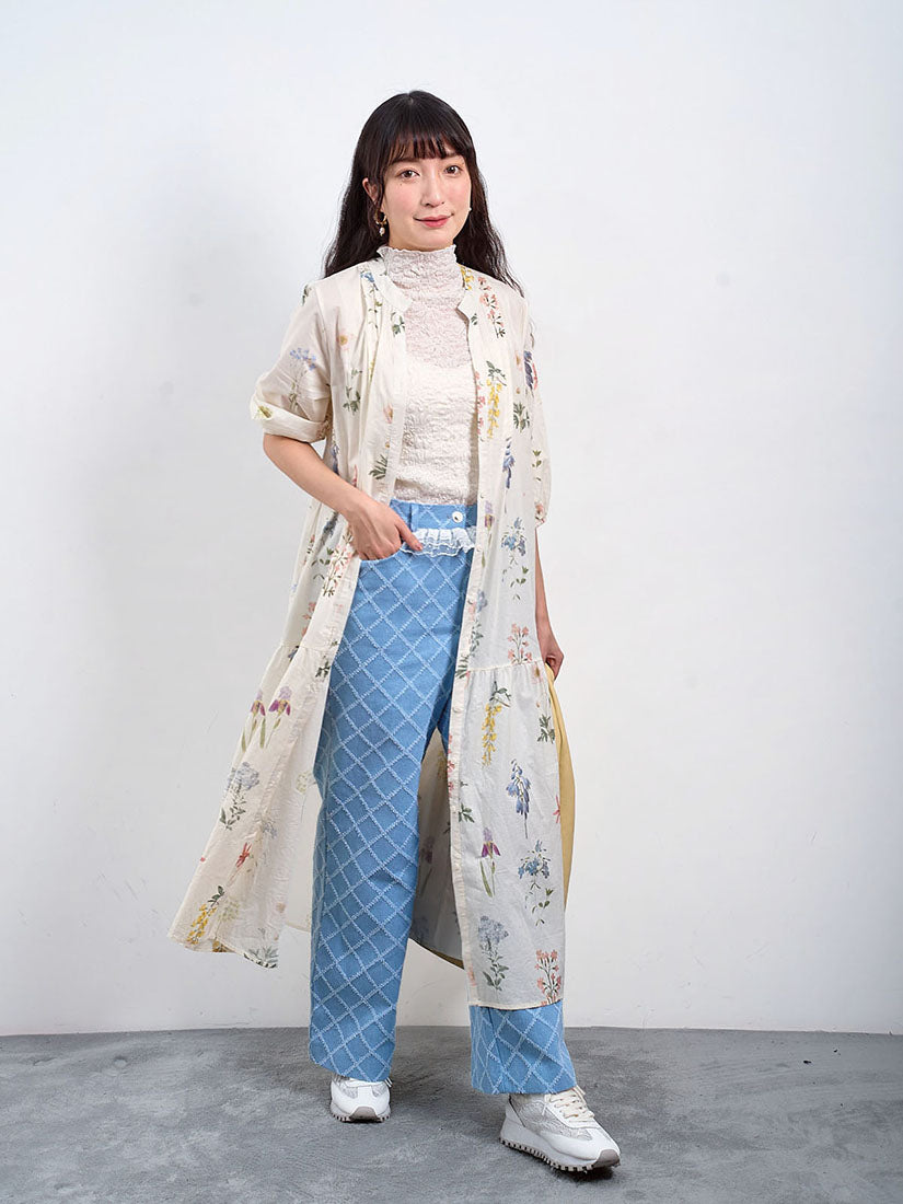 Lace Trim Tuck Check Denim Pants