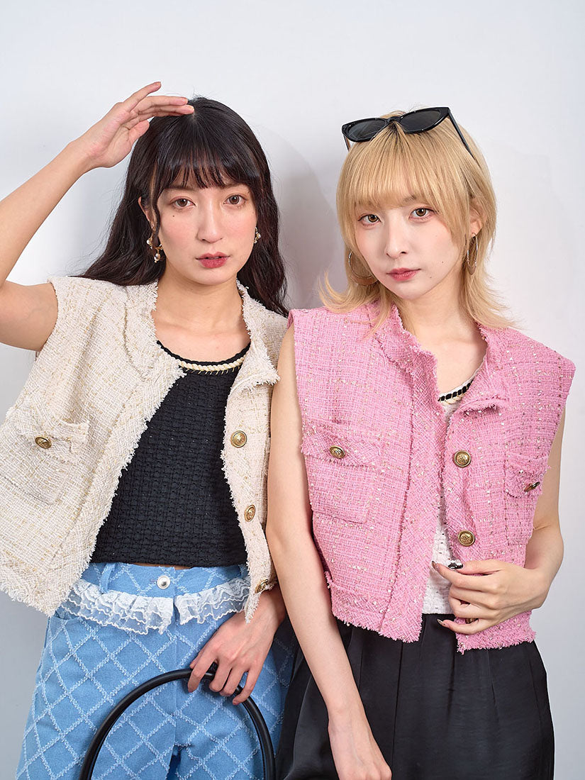 Golden Button Tweed Vest Jacket (2 Colours)