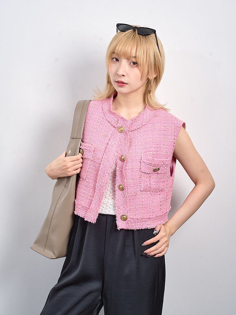 Golden Button Tweed Vest Jacket (2 Colours)