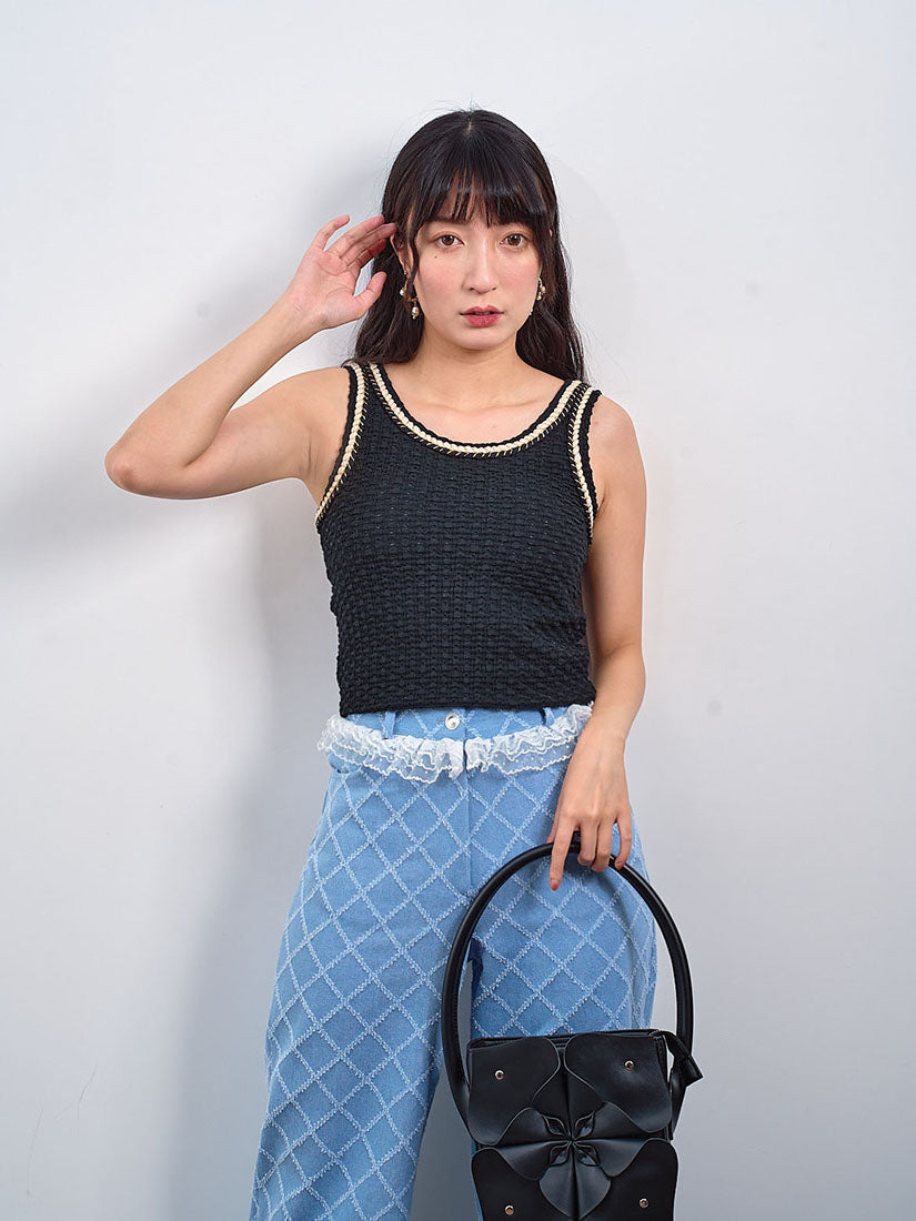 Lace Trim Tuck Check Denim Pants