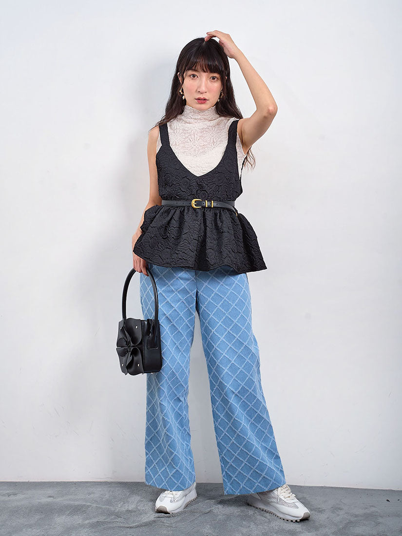 Lace Trim Tuck Check Denim Pants