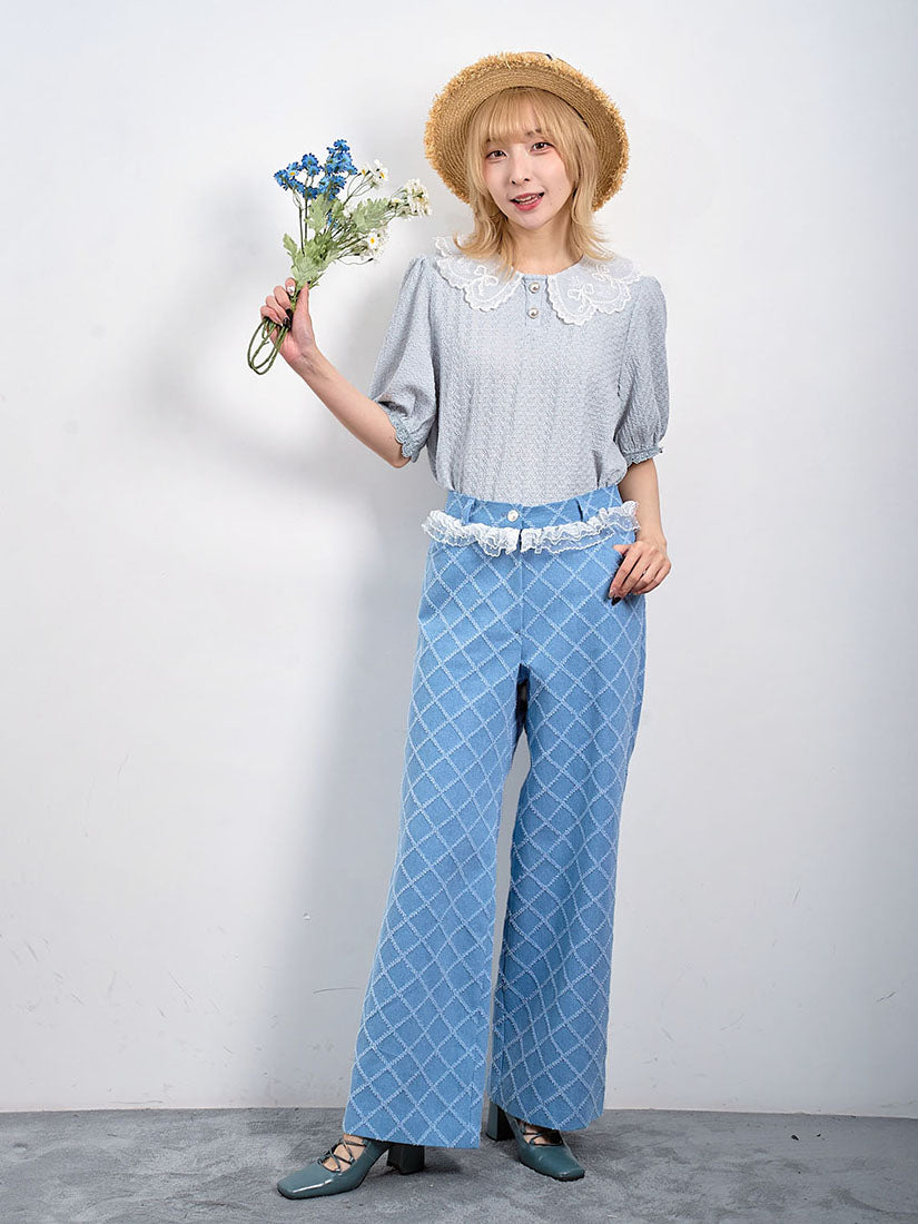 Lace Trim Tuck Check Denim Pants