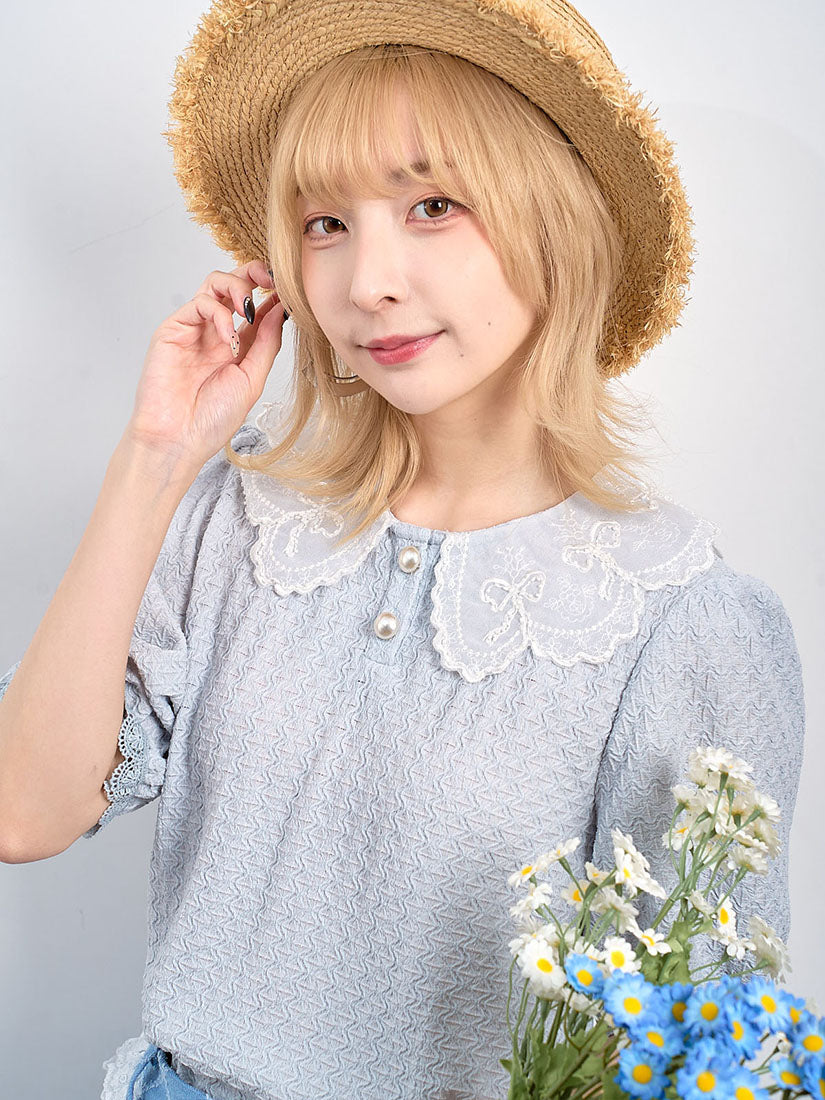 Beaded Embroidered Collar Textured Top (2 Colours)