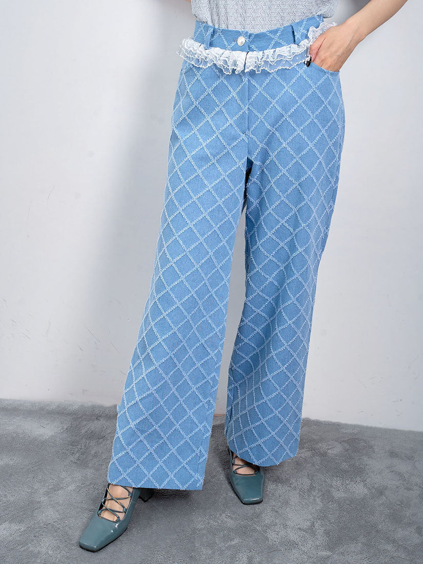 Lace Trim Tuck Check Denim Pants
