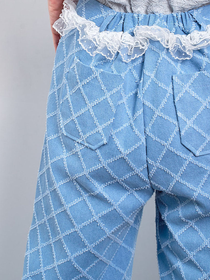 Lace Trim Tuck Check Denim Pants