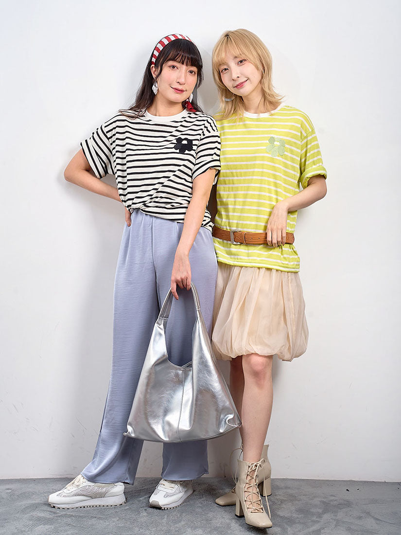 Flower Embroidered Striped Tee (3 Colours)