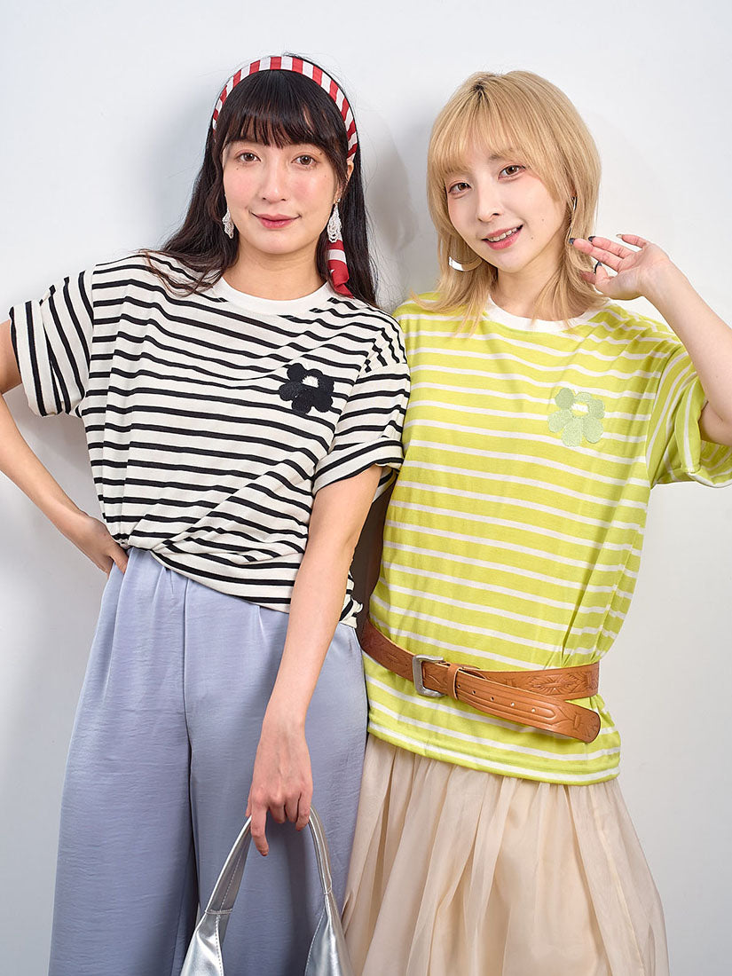 Flower Embroidered Striped Tee (3 Colours)