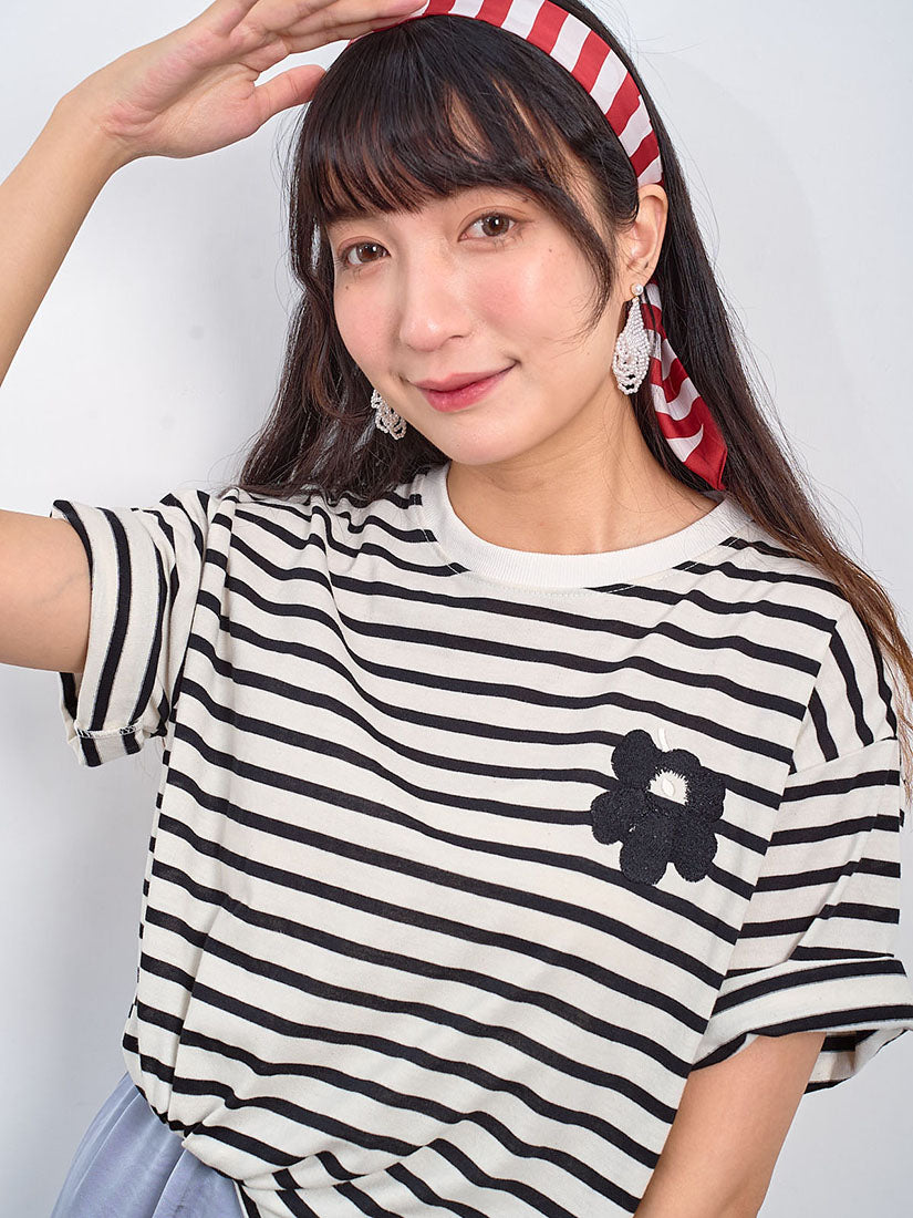 Flower Embroidered Striped Tee (3 Colours)