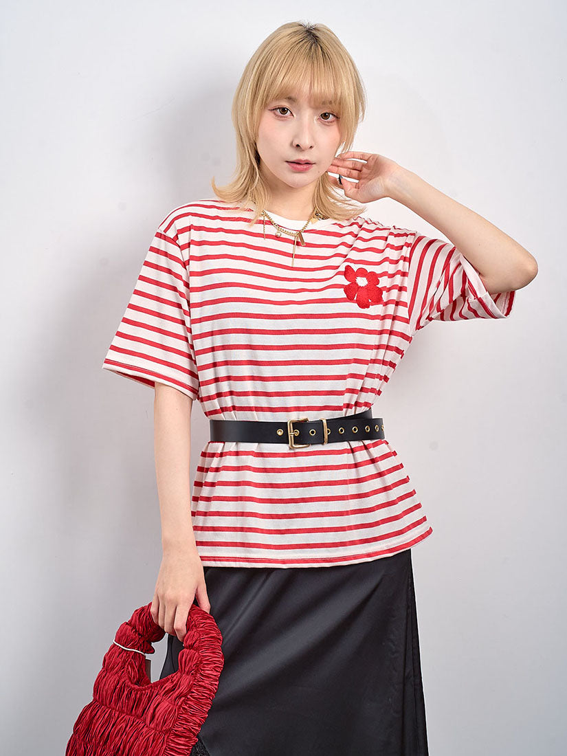 Flower Embroidered Striped Tee (3 Colours)
