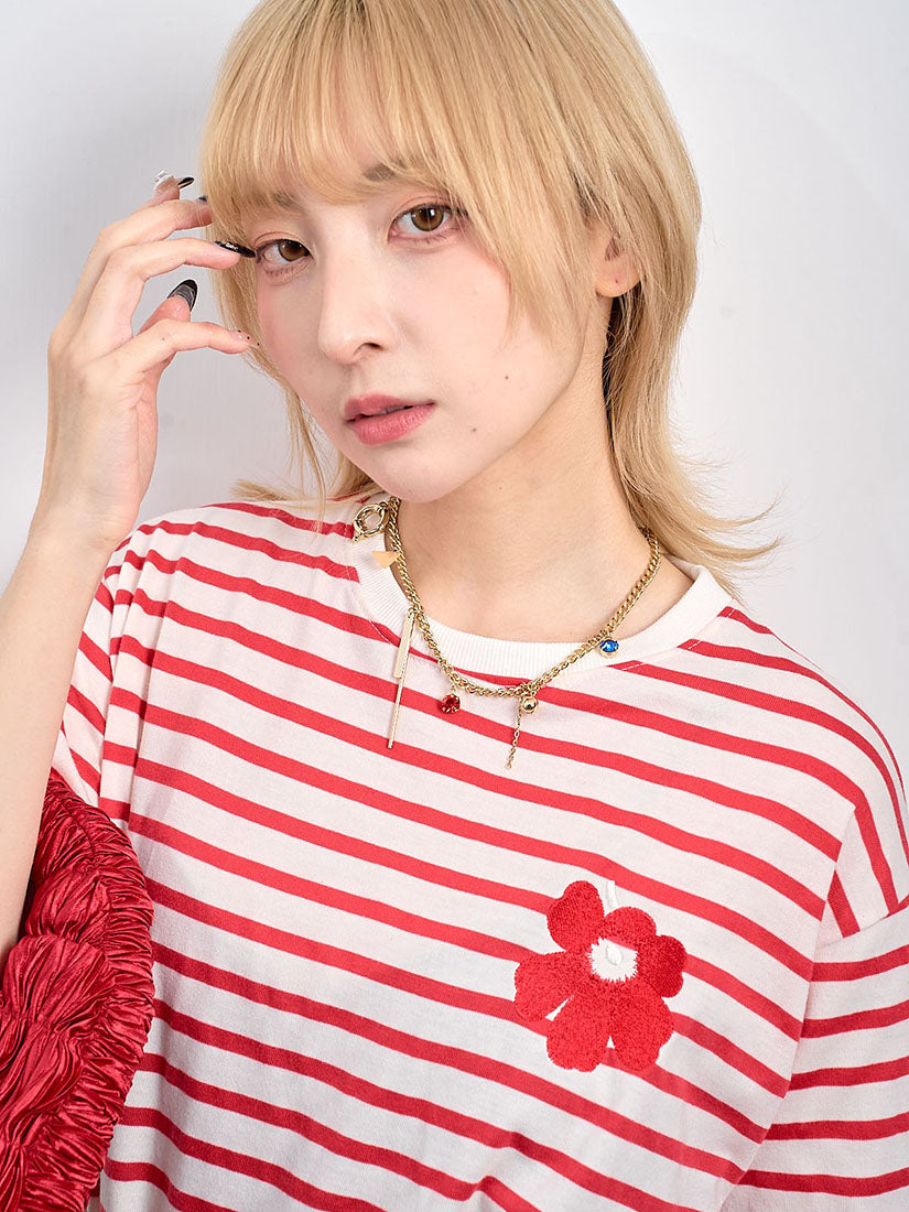 Flower Embroidered Striped Tee (3 Colours)