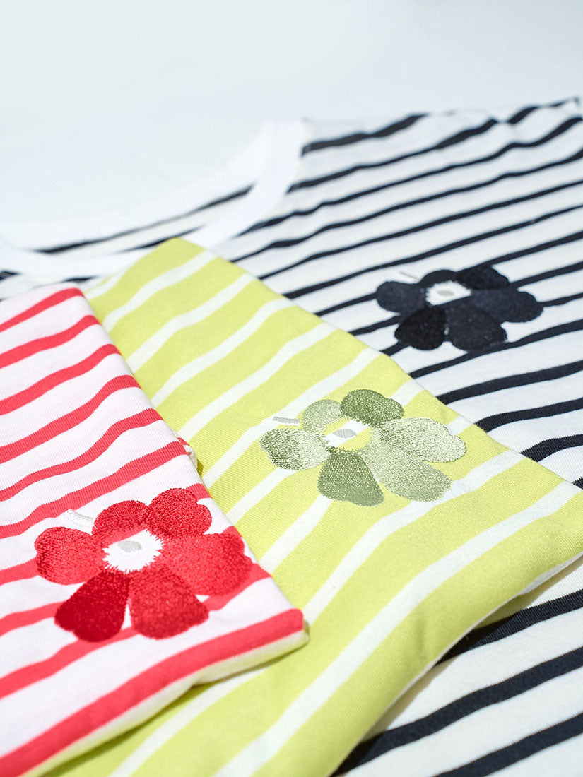 Flower Embroidered Striped Tee (3 Colours)